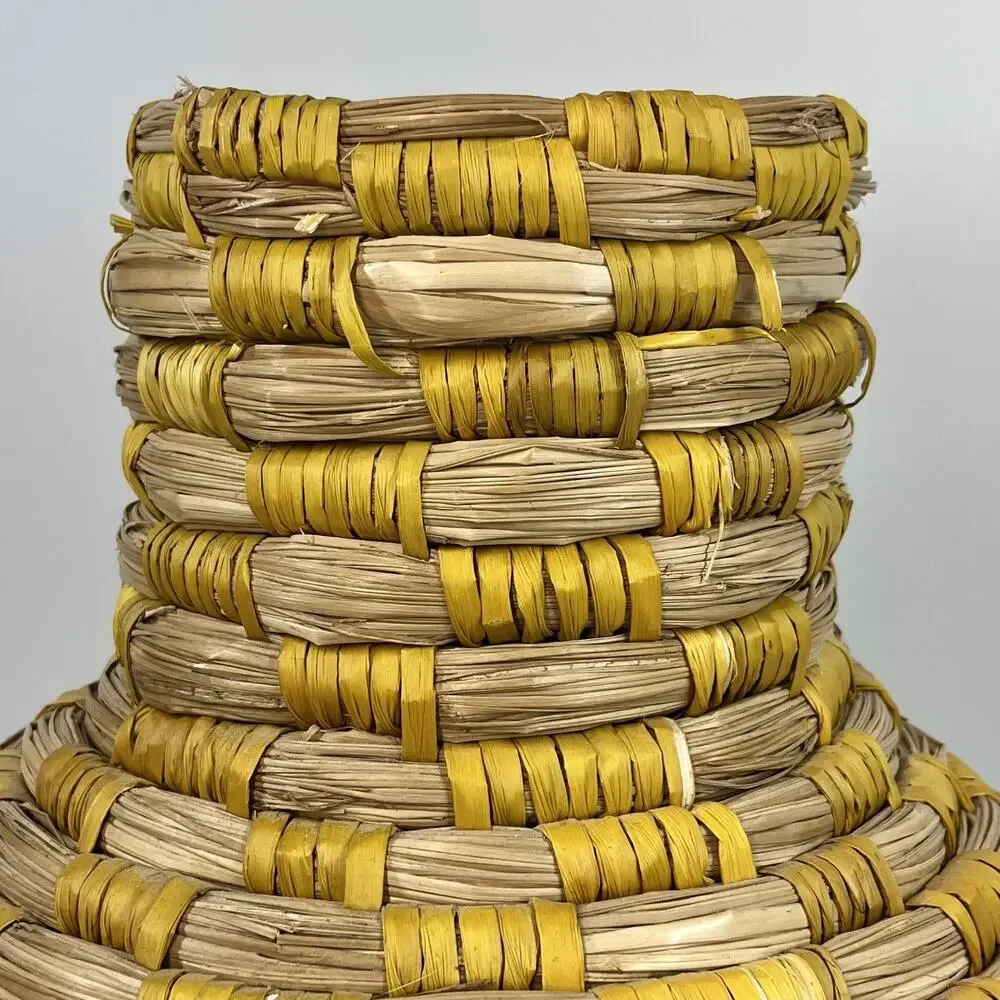 Wicker Coiled Bottleneck Vase 14.5” Floor Tabletop Boho Decor Yellow Stripe